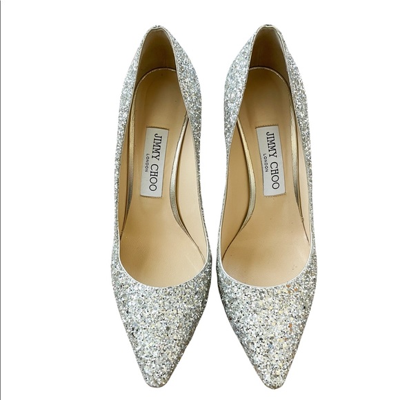 Jimmy Choo Romy 85 Silver Coarse Glitter High Heel Pointed Toe Pumps 37.5 - Picture 3 of 12